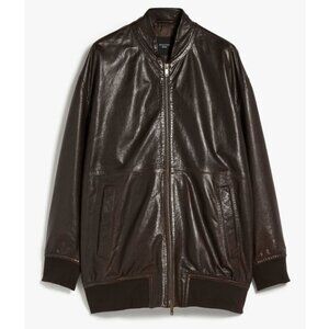 WEEKEND MAX MARA Cursore Zip-Up Lambskin Leather Bomber Jacket Dark Brown